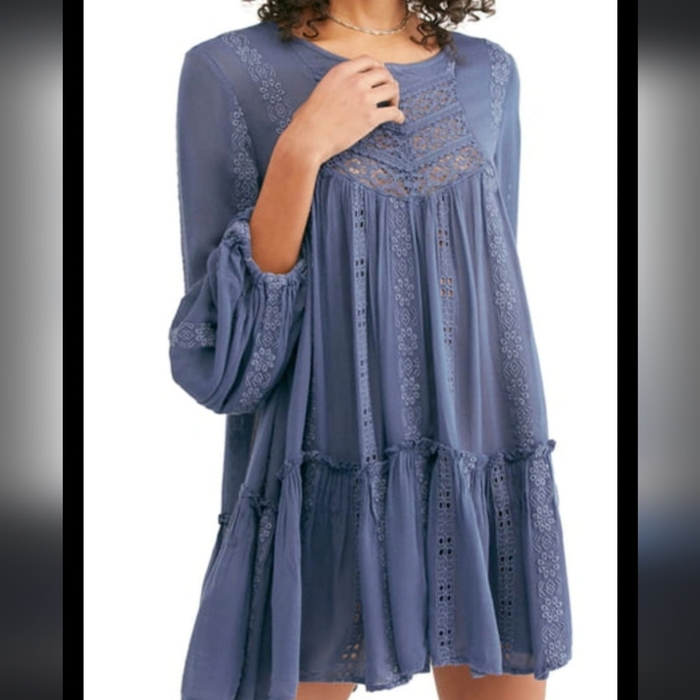 Free People Lace Vintage Steel Blue Tunic Dress Small